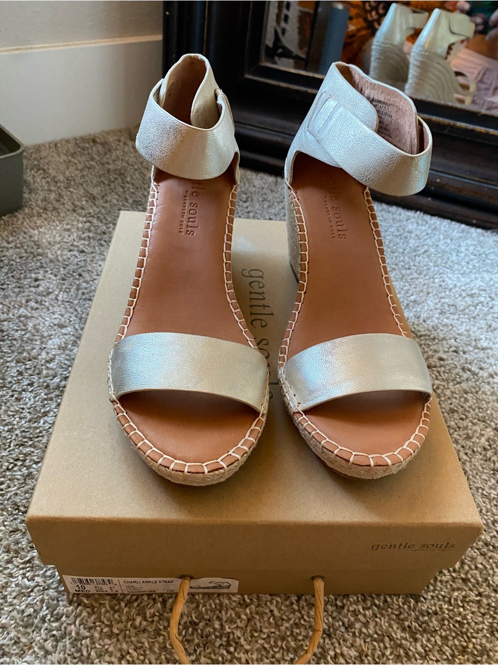 Gentle Souls by Kenneth Cole Metallic Cream Ankle-Strap Espadrille Wedge Sandals